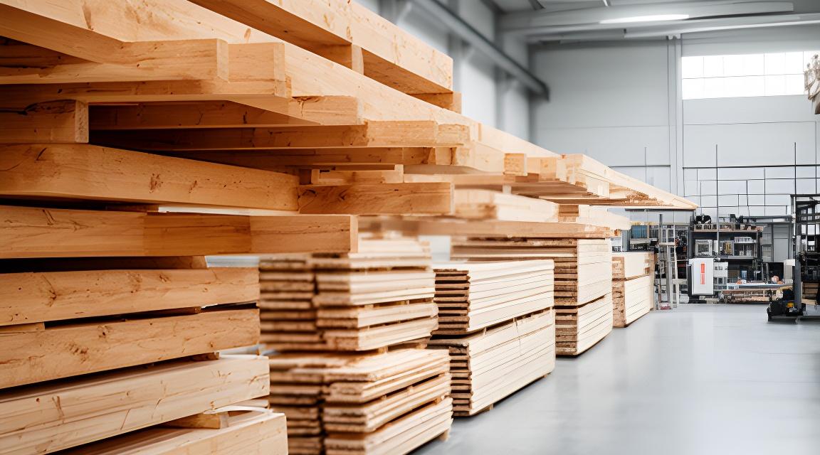 Grossflächige Holzbalken und sauber gestapelte Platten in einer Zürcher Produktionshalle