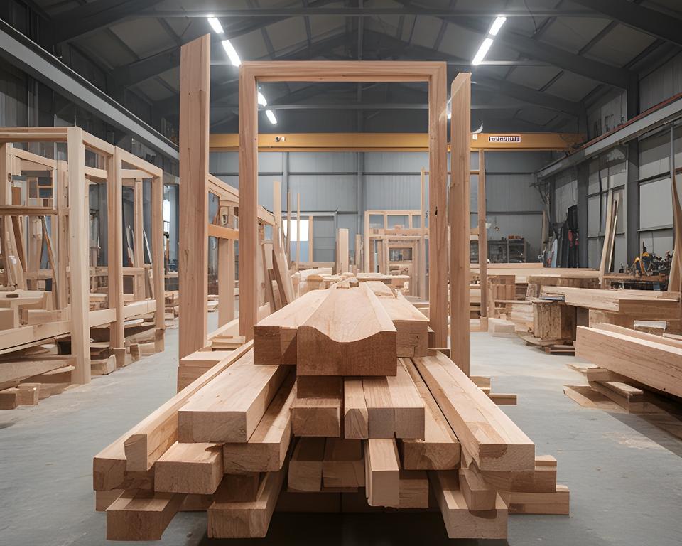 Holzbauelemente und präzise zugeschnittene Balken in einer aufgeräumten Werkhalle