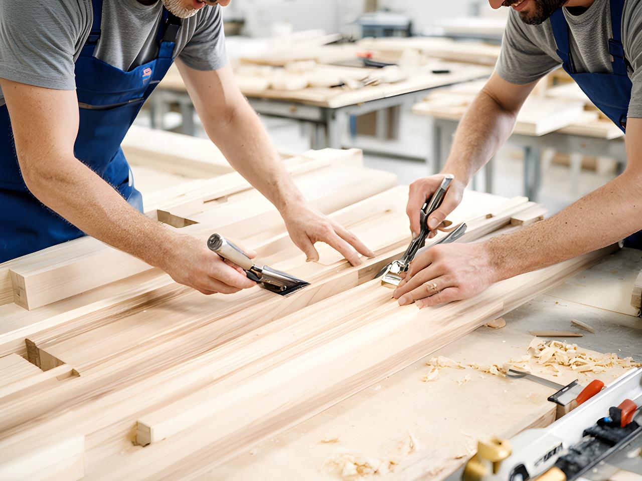 Zwei Schreiner in einer hellen Werkstatt beim präzisen Anpassen von Massivholzbauteilen
