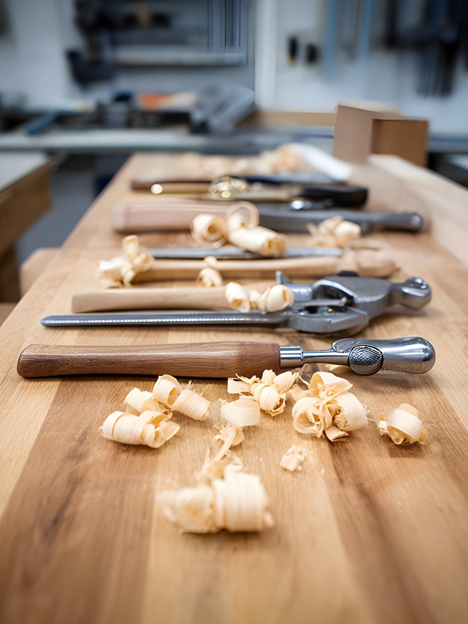 Detail einer Massivholz-Werkbank mit fein geordneten Werkzeugen und Holzspänen