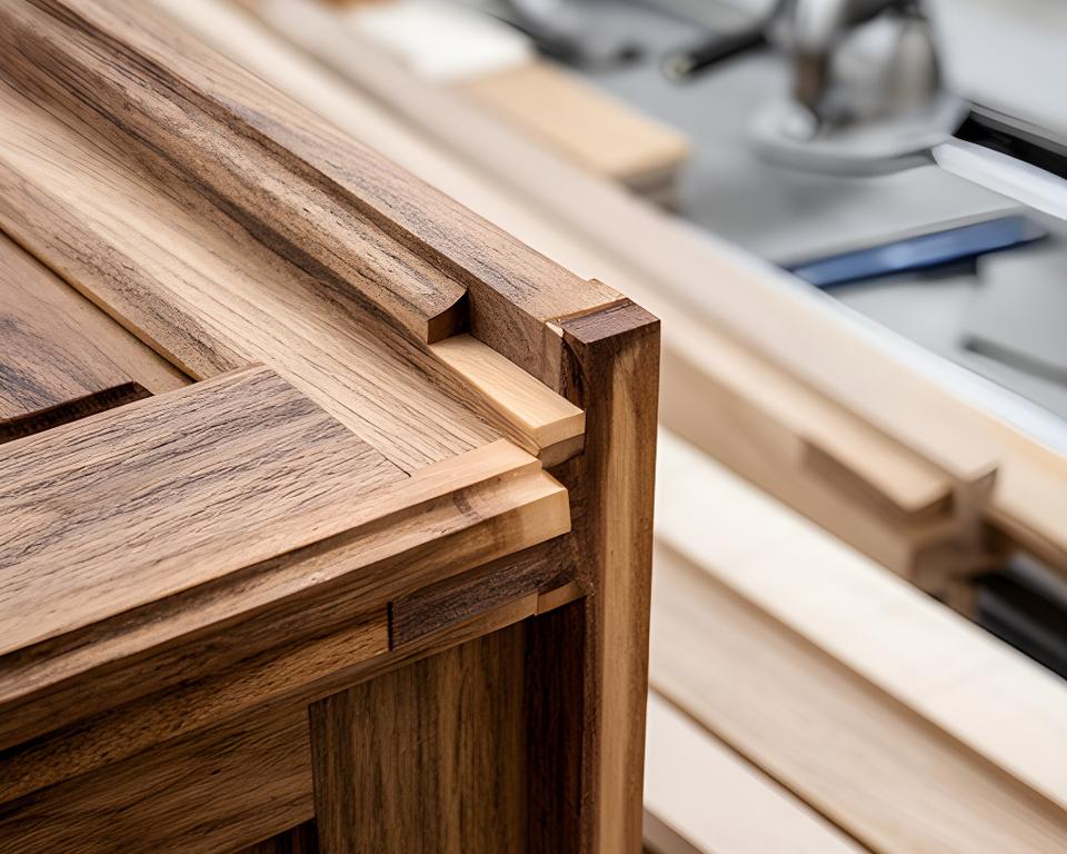 Handwerkliche Detailaufnahme von Holzverbindungen, Werkzeugen und sauber gestapelten Brettern in Zürich