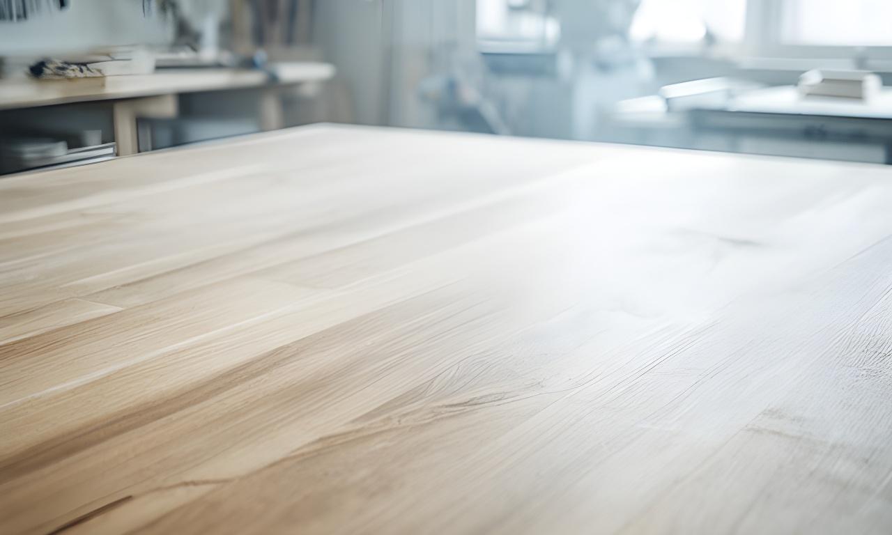 Holzoberflächen in einer hellen Werkstatt mit ruhigem Licht und präzisen Handwerksspuren
