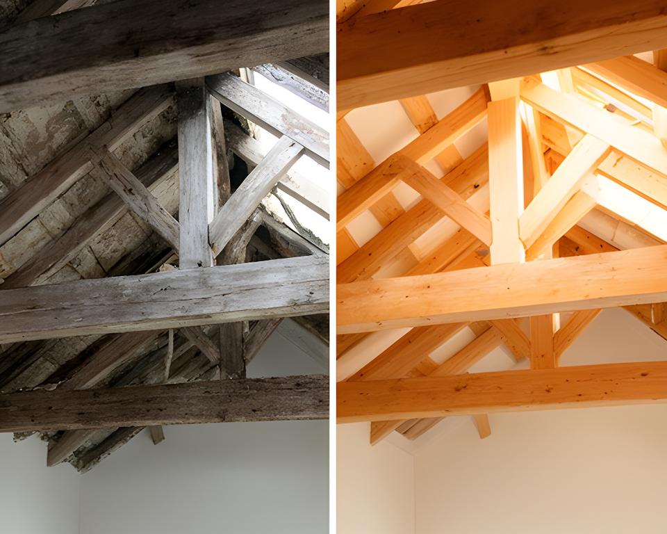 Vorher-Nachher-Vergleich eines Dachstuhls mit sichtbarer Erneuerung und offenen Holzbalken
