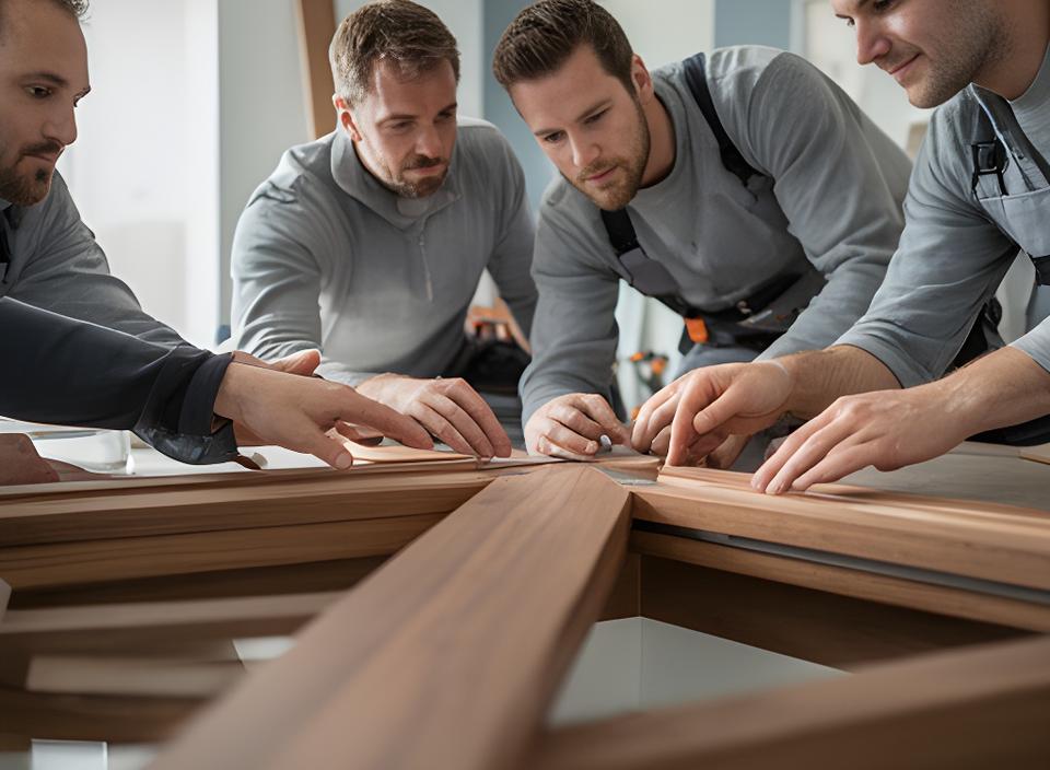 Montageteam prüft Passgenauigkeit von Holzelementen in einem modernen Zürcher Innenausbau