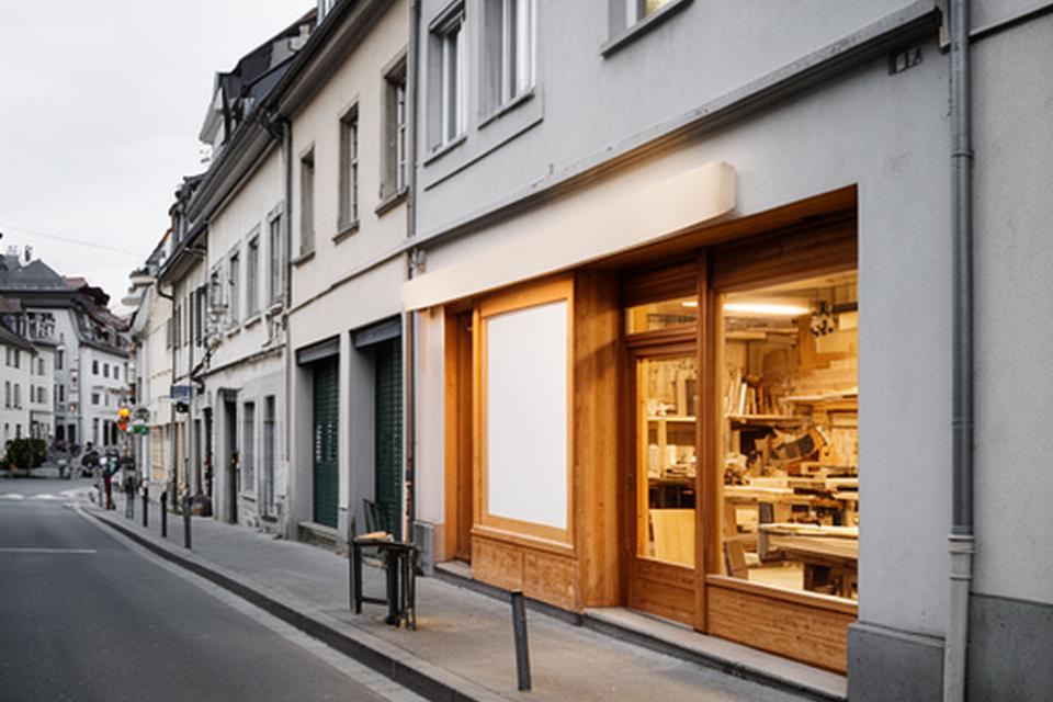 Aussenansicht eines handwerklichen Holzbetriebs an einer ruhigen Zürcher Strasse mit klarer Beschilderung