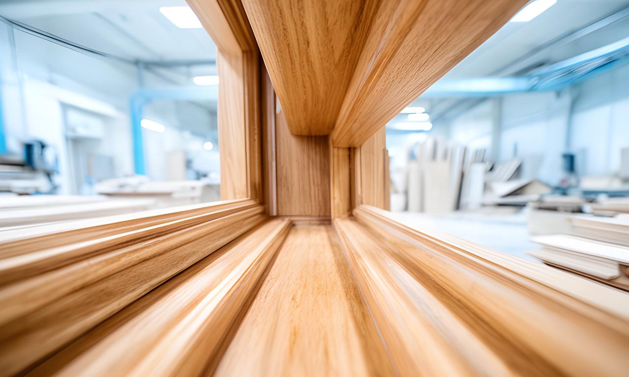 Geölte Holzbalken und präzise Millwork-Details in einer hellen Werkhalle